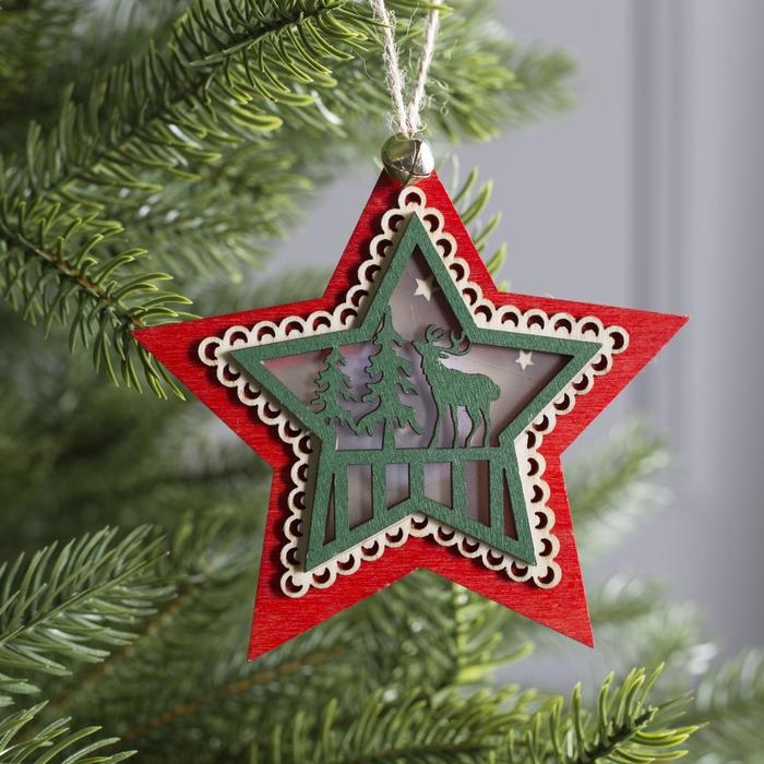 Ёлочная игрушка &laquo;Красная звезда с оленем&raquo;, от батареек, свечение тёплое белое