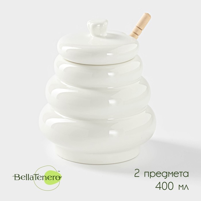 Ёмкость фарфоровая для мёда с ложкой BellaTenero «Бочонок», 400 мл, цвет белый Ёмкость фарфоровая для мёда с ложкой BellaTenero «Бочонок», 400 мл, цвет белый