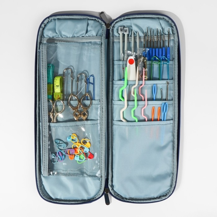 Пенал для вязания &laquo;Цветы&raquo;, 1 отделение, 8 карманов, 40 &times; 15 &times; 2,5 см, цвет фиолетовый/белый