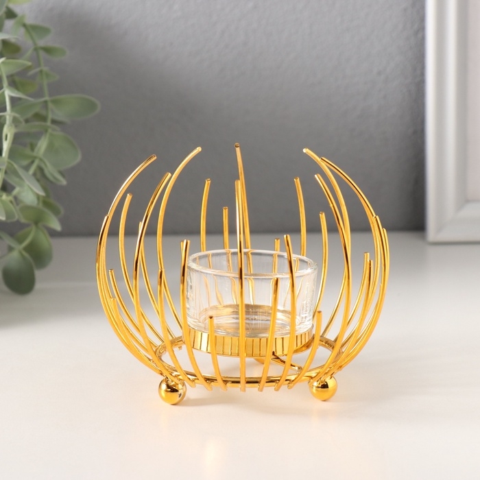 Подсвечник металл, стекло на 1 свечу "Золотой цветок из прутьев" d=4,5 см 12х12х9 см