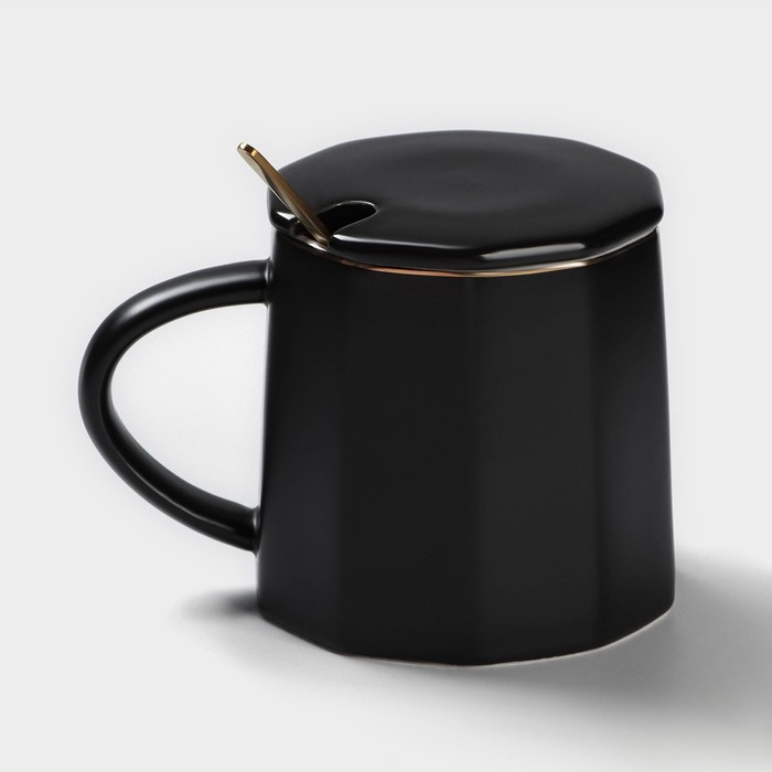 Кружка керамическая с ложкой Simple, 350 мл, цвет чёрный
