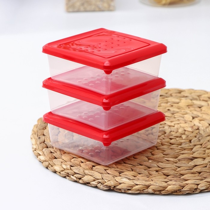 Набор пищевых контейнеров &laquo;Asti&raquo;, 3 шт, 500 мл, квадратный, прозрачные, крышка красная