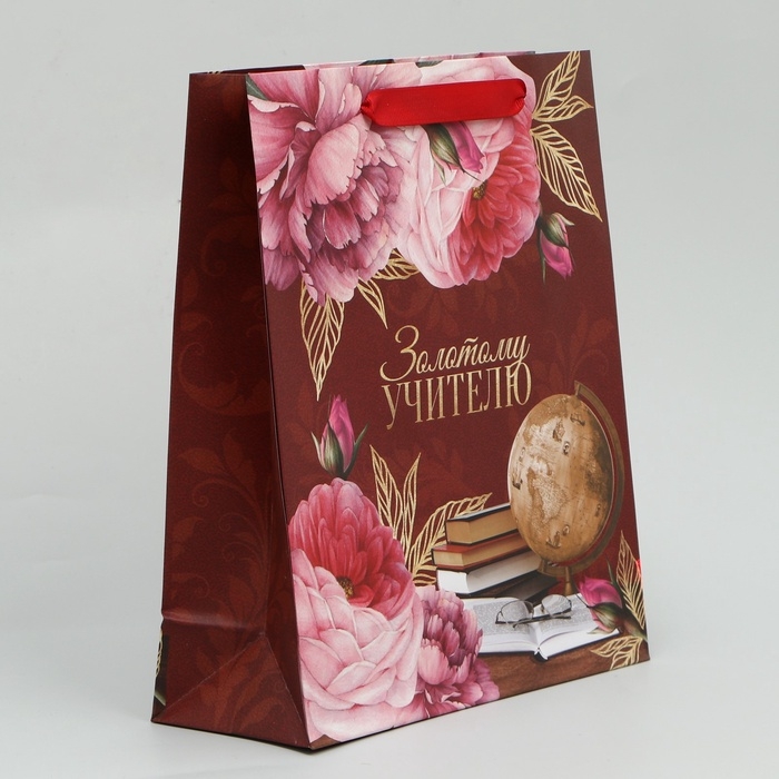 Пакет подарочный ламинированный, упаковка, &laquo;Золотому Учителю&raquo;, ML 21 х 25 х 8 см