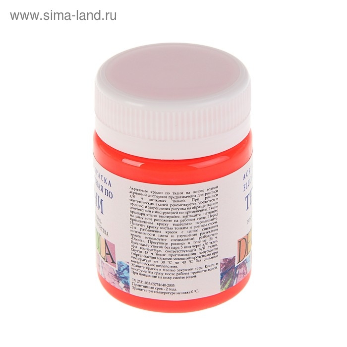 Краска по ткани, банка 50 мл, ЗХК Decola, Fluo флуоресцентная Красная (акриловая на водной основе), 5128331