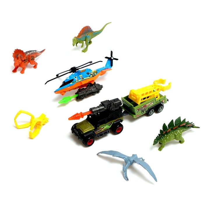 Набор металлических машинок «Дино парк», с динозаврами, стреляют пулями, МИКС Набор металлических машинок «Дино парк», с динозаврами, стреляют пулями, МИКС