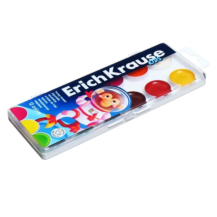 Акварель 12 цветов, ErichKrause Kids Space Animals, медовая, с УФ защитой яркости, пластиковая коробка, европодвес