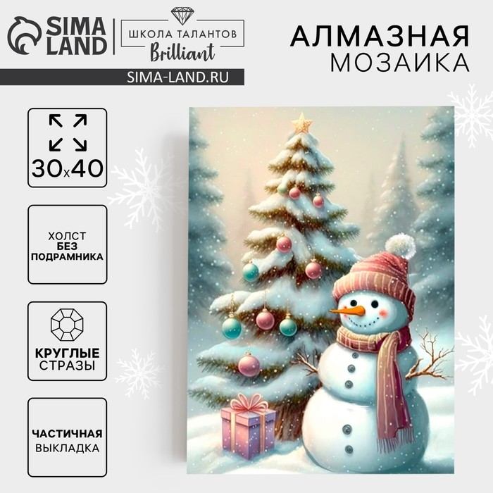 Новогодняя алмазная мозаика с частичным заполнением на холсте &laquo;Новый год. Снеговик&raquo;, 30 х 40 см