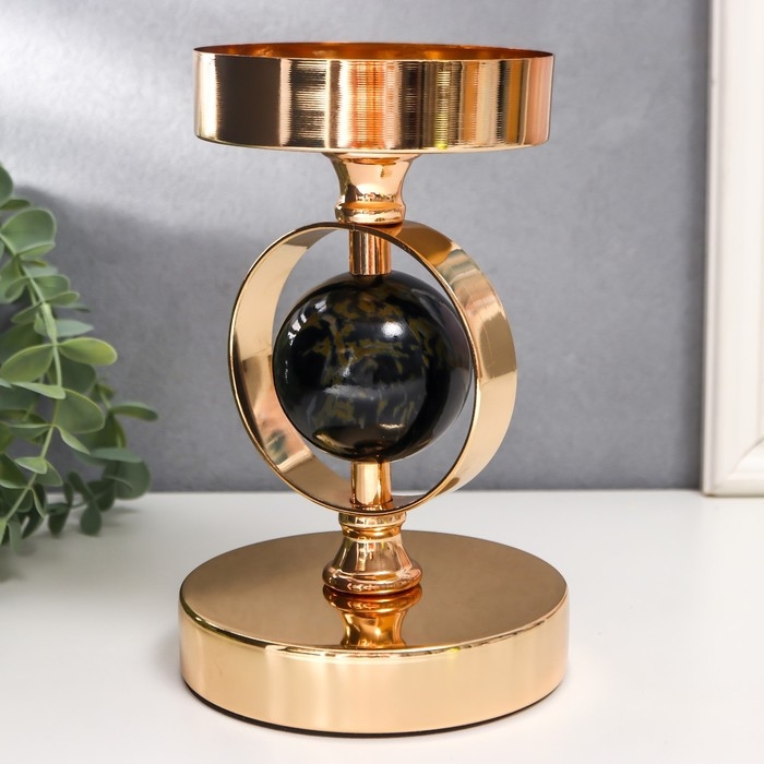 Подсвечник металл на 1 свечу Подсвечник металл на 1 свечу "Чёрный мраморный шар в сфере" золото 18,5х12х12 см