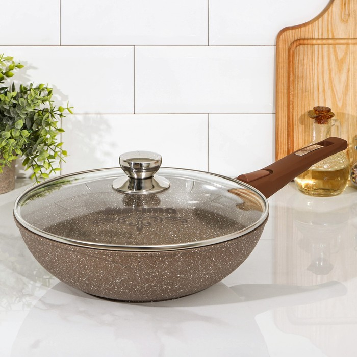 Сковорода &laquo;Гранит Brown&raquo;, d=28 см, съёмная ручка, стеклянная крышка, антипригарное покрытие, цвет коричневый