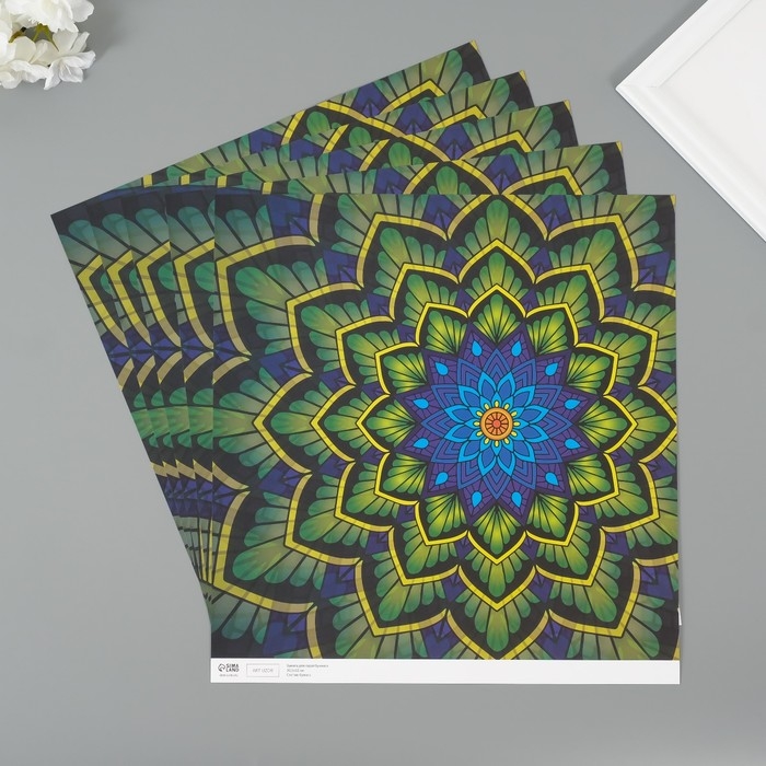 Бумага для скрапбукинга "Цветочная мандала" плотность 180 гр набор 5 шт 30,5х32 см