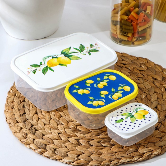 Набор пищевых контейнеров Доляна &laquo;Лимоны&raquo;, 3 шт: 150 мл, 500 мл, 1,2 л, прямоугольные