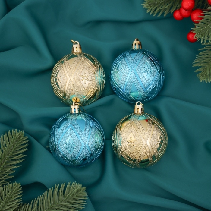 Набор шаров пластик d-6 см, 4 шт "Цветение" золотисто-голубой