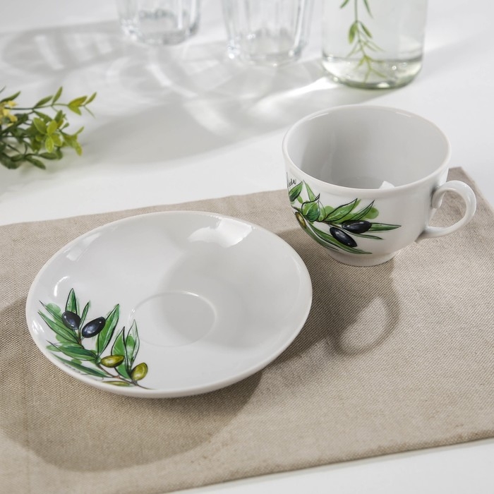 Чайная пара фарфоровая &laquo;Оливки&raquo;, 275 мл, чашка d=9,2 см, блюдце d=15,1 см, рисунок МИКС