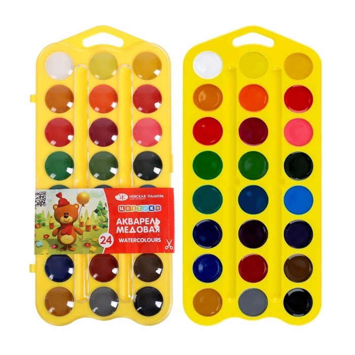 Акварель медовая 24 цвета, ЗХК Акварель медовая 24 цвета, ЗХК "Цветик", без кисти, жёлтый пластиковый футляр с петлей, 27421678