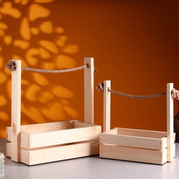 Набор кашпо деревянных 2 в 1 (25.5&times;15&times;30; 20&times;12&times;23 см) "Аром", ручка канат, Натуральная сосн 1006000