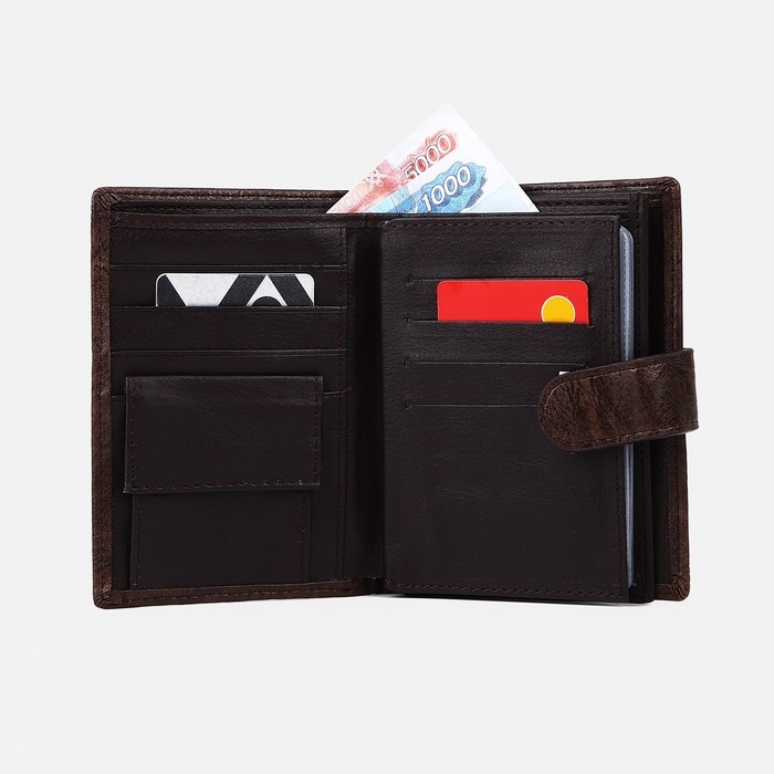 Портмоне мужское на кнопке, 3 в 1, для автодокументов, паспорта, карт, купюр, цвет коричневый Портмоне мужское на кнопке, 3 в 1, для автодокументов, паспорта, карт, купюр, цвет коричневый