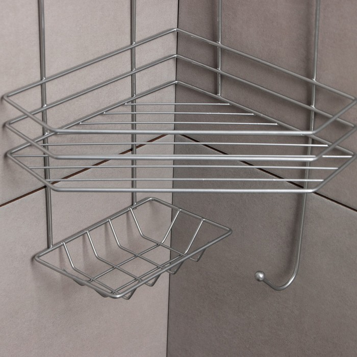 Полка угловая с мыльницей и вешалкой 2-х ярусная, 25,5×42,5 см, цвет хром Полка угловая с мыльницей и вешалкой 2-х ярусная, 25,5×42,5 см, цвет хром