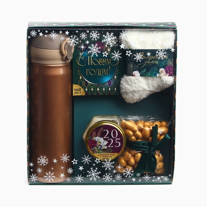 Подарочный набор «Веселья в новом году»: чай со вкусом тропические фрукты 50 г., крем-мед с черникой 120 г., носки р-р: 36–39, термос 500 мл. Подарочный набор «Веселья в новом году»: чай со вкусом тропические фрукты 50 г., крем-мед с черникой 120 г., носки р-р: 36–39, термос 500 мл.