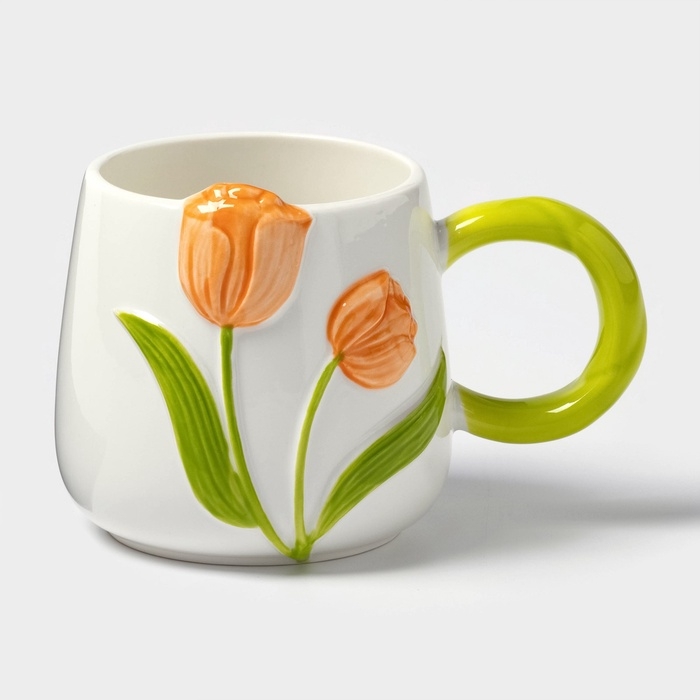 Кружка «Тюльпан», 430 мл, оранжевый цветок, керамика, белая Кружка «Тюльпан», 430 мл, оранжевый цветок, керамика, белая