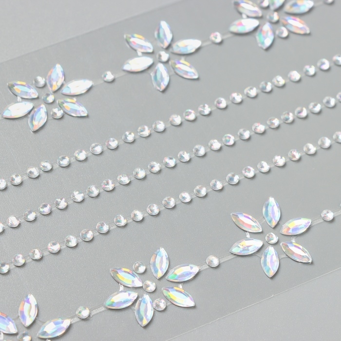 Наклейка пластик стразы тату на тело "Цветочная аппликация" серебро набор 2 листа 18х8 см