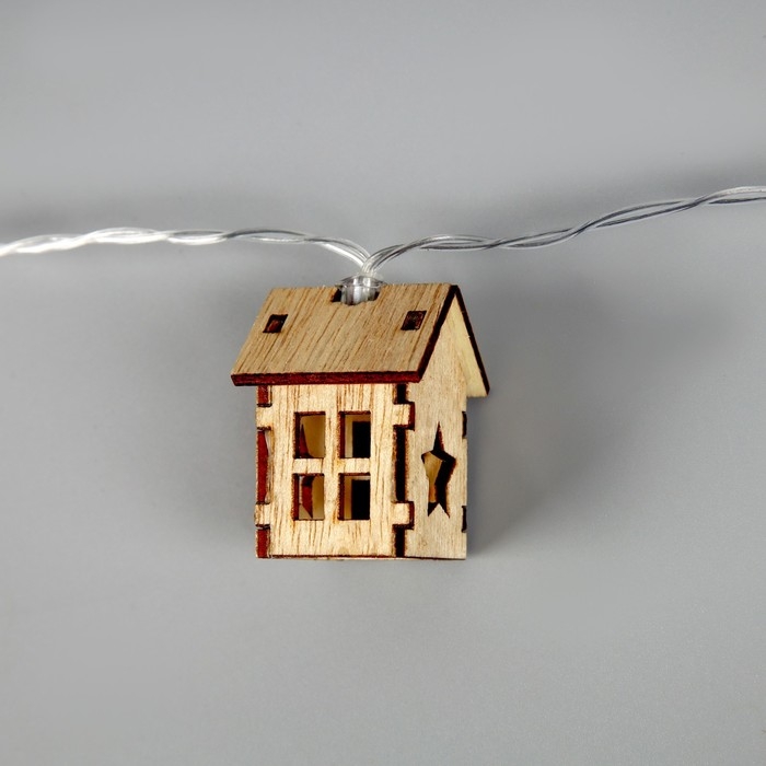 Гирлянда &laquo;Нить&raquo; 2.5 м с насадками &laquo;Домик&raquo;, IP20, прозрачная нить, 10 LED, батарейки AAх2 (нет в комплекте), свечение тёплое белое