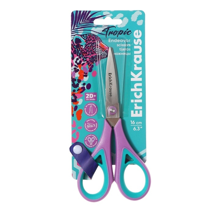 Ножницы ErichKrause Endeavor Tropical, 16 см, двойная заточка, антискользящие резиновые вставки, европодвес, МИКС Ножницы ErichKrause Endeavor Tropical, 16 см, двойная заточка, антискользящие резиновые вставки, европодвес, МИКС