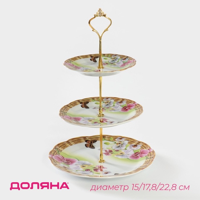 Этажёрка - фруктовница круглая Доляна «Садовый дворик», 3 яруса, d=15/17,8/22,8 см, фарфорㅤ Этажёрка - фруктовница круглая Доляна «Садовый дворик», 3 яруса, d=15/17,8/22,8 см, фарфорㅤ