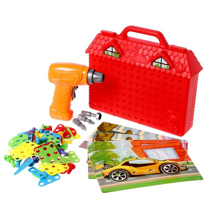 Конструктор в чемоданчике &laquo;Крутые гонки&raquo;, с электрическим шуруповёртом, 4 карточки, 57 деталей
