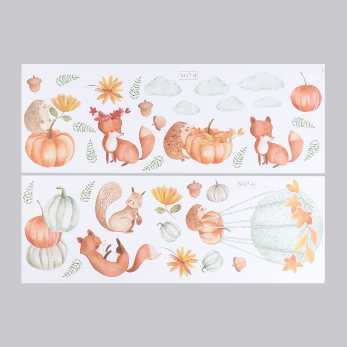 Наклейка пластик интерьерная цветная Наклейка пластик интерьерная цветная "Зверята в осенний сезон" набор 2 листа 30х84 см