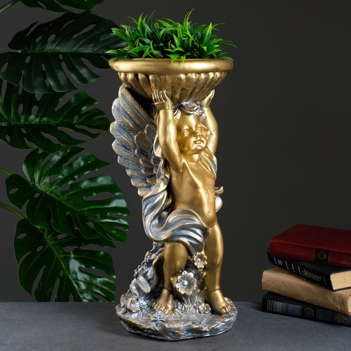 Фигурное кашпо "Ангел с чашей" бронза / серебро 0,6 л / 24х50х24см