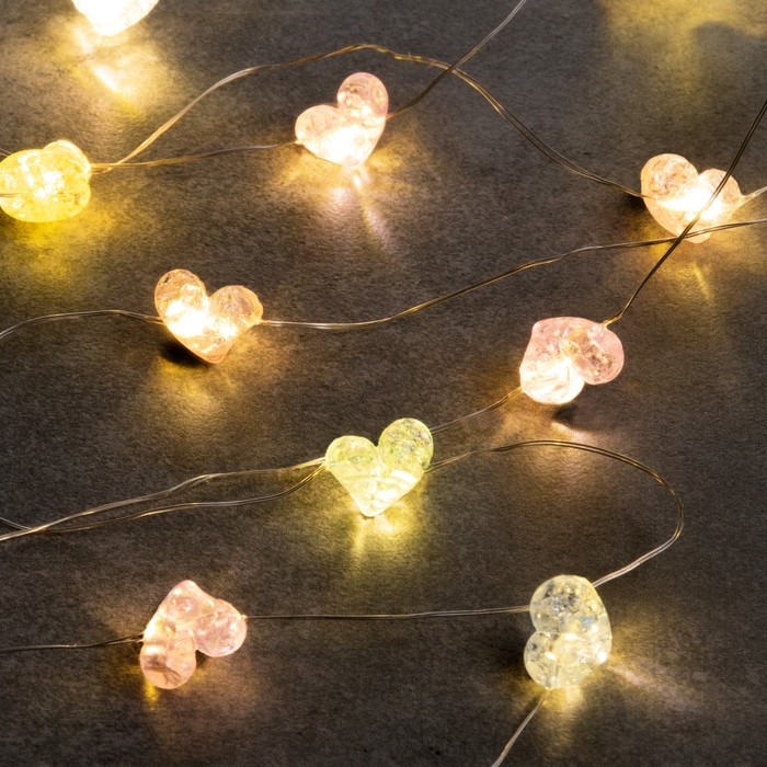 Гирлянда &laquo;Нить&raquo; 2м роса с насадками &laquo;Сердечки&raquo;, IP20, 2 м, нить серебристая, 20 LED, 4.6 В, батарейки AG13x3 (в комплекте), 3 режима, свечение тёплое белое