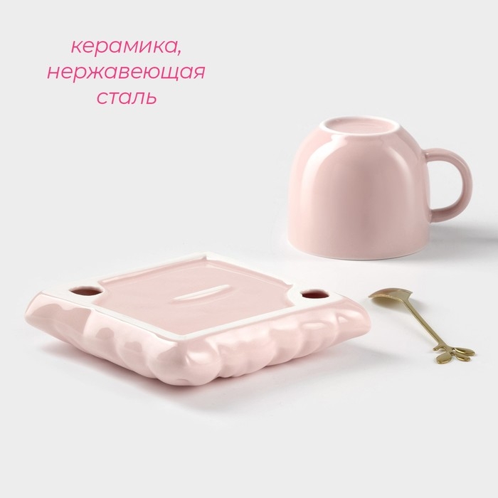Чайная пара керамическая с ложкой «Зефирка», 2 предмета: чашка 250 мл, блюдце d=13 см, цвет розовый Чайная пара керамическая с ложкой «Зефирка», 2 предмета: чашка 250 мл, блюдце d=13 см, цвет розовый