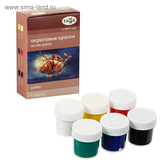 Краска акриловая, набор 6 цветов х 20 мл, Гамма Краска акриловая, набор 6 цветов х 20 мл, Гамма "Хобби", морозостойкая, глянцевая, 3012196