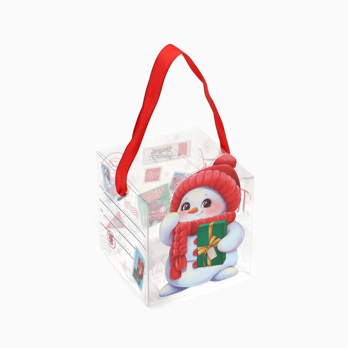 Коробка подарочная новогодняя складная ПВХ, &laquo;Снеговик&raquo;, 10 х 10 х 10 см, Новый год