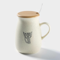 Кружка керамическая с деревянной крышкой и ложкой &laquo;Пэтти&raquo;, 350 мл, рисунок МИКС