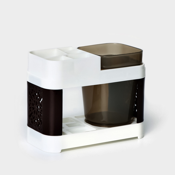 Подставка для зубных щёток и пасты со стаканом, 15&times;7&times;12 см, цвет коричневый