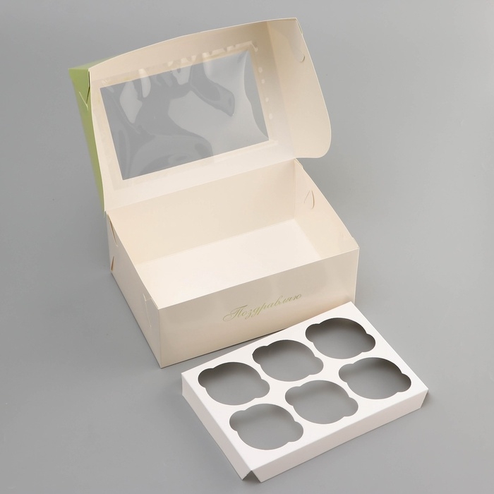 Коробка для 6 капкейков с окном , Коробка для 6 капкейков с окном , "8 марта", 25 х 17 х 10 см, кондитерская упаковка