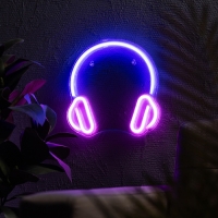 Неоновая вывеска &laquo;Наушники&raquo; 27 x 27 см, USB, свечение розово-синее