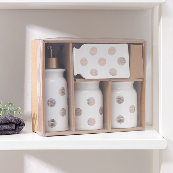 Набор аксессуаров для ванной комнаты &laquo;Золото&raquo;, 4 предмета (дозатор 350 мл, мыльница, 2 стакана), цвет белый