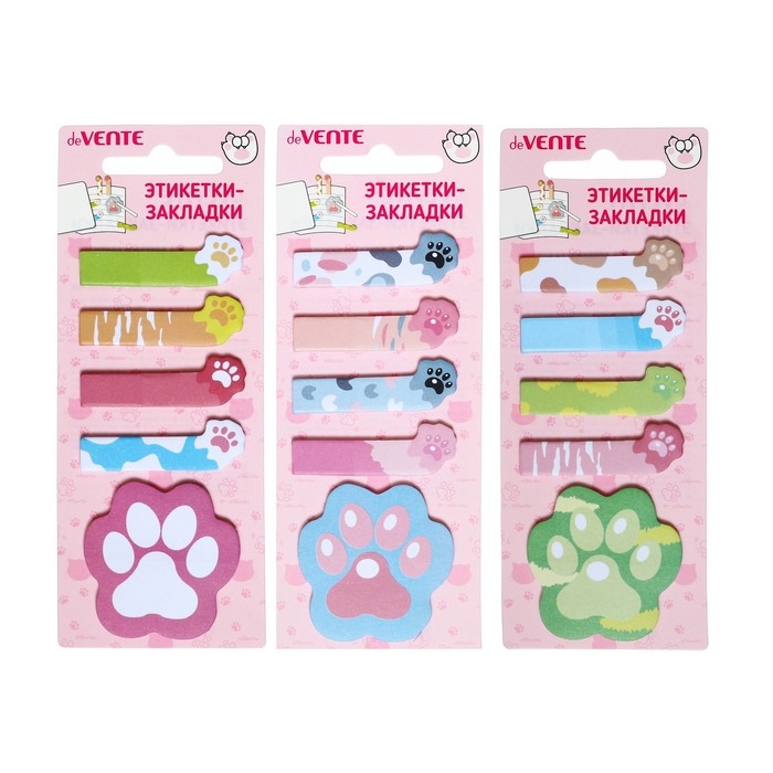 Закладки с клеевым краем 15 х 48 мм/45 х 45мм, 5 цветов по 20 листов, бумажные, deVENTE Cat paws