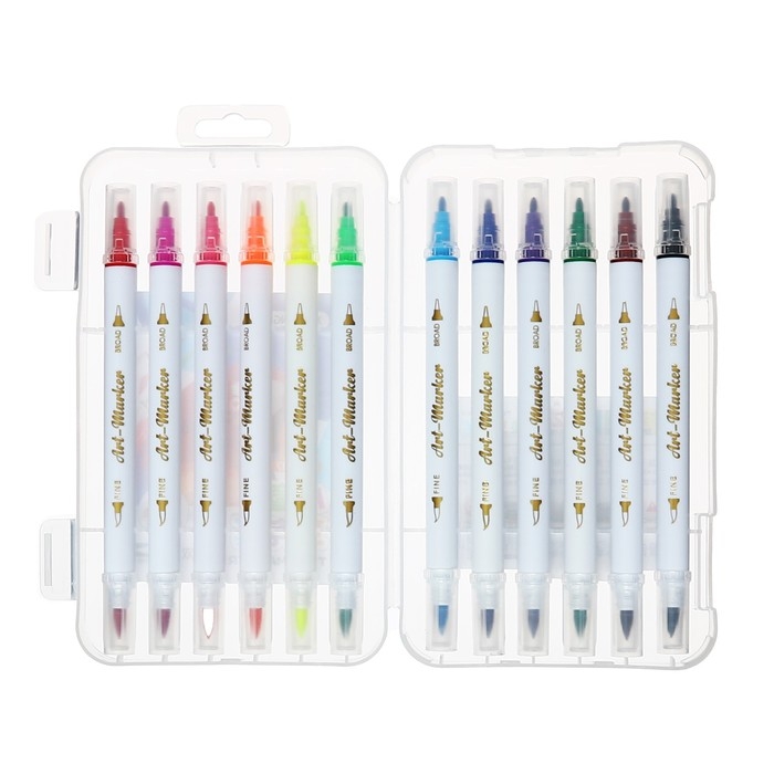 Набор маркеров 12 цветов, двусторонние, пулевидный и кистеобразный наконечники