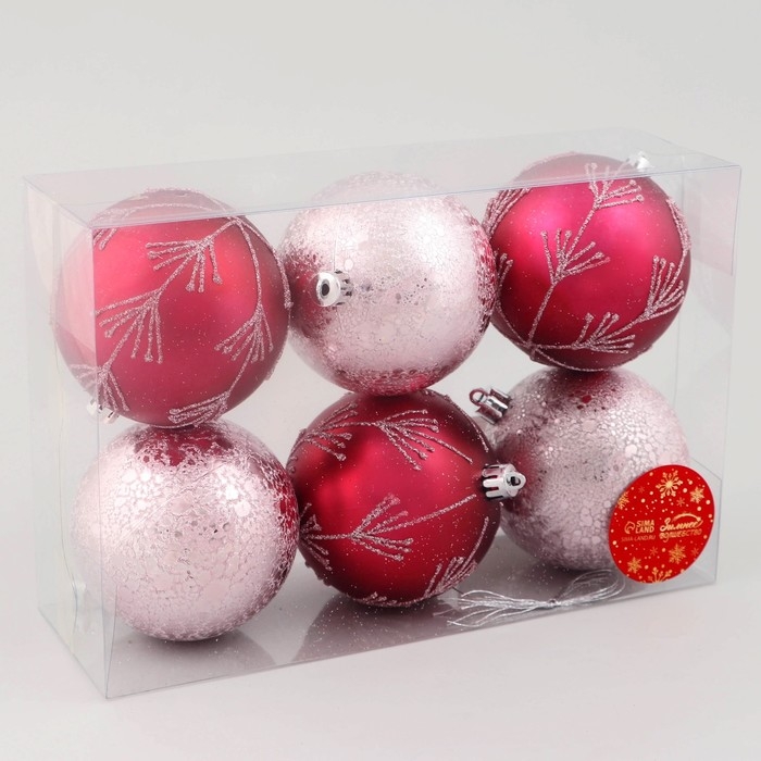 Набор шаров пластик d-8 см, 6 шт Набор шаров пластик d-8 см, 6 шт "Ночка" веточки, красный розовый