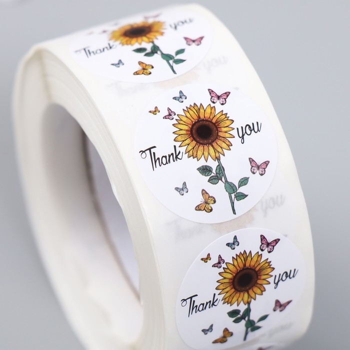 Наклейка бумага Наклейка бумага "Подсолнух. Благодарность" d=2,5 см 500 шт в рулоне 3х6,5х6,5 см