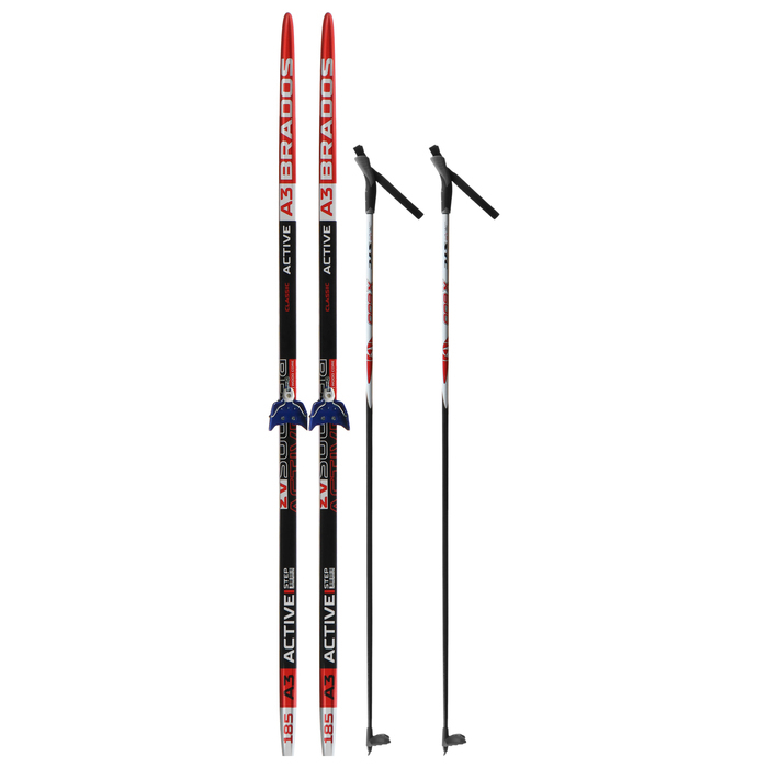 Комплект лыжный: пластиковые лыжи 185 см с насечкой, стеклопластиковые палки 145 см, крепления NN75 мм, цвета МИКС