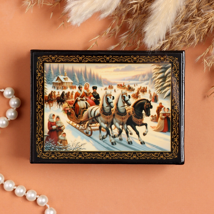 Шкатулка &laquo;Тройка зимняя&raquo;, черная, 8х10,5 см, лаковая миниатюра