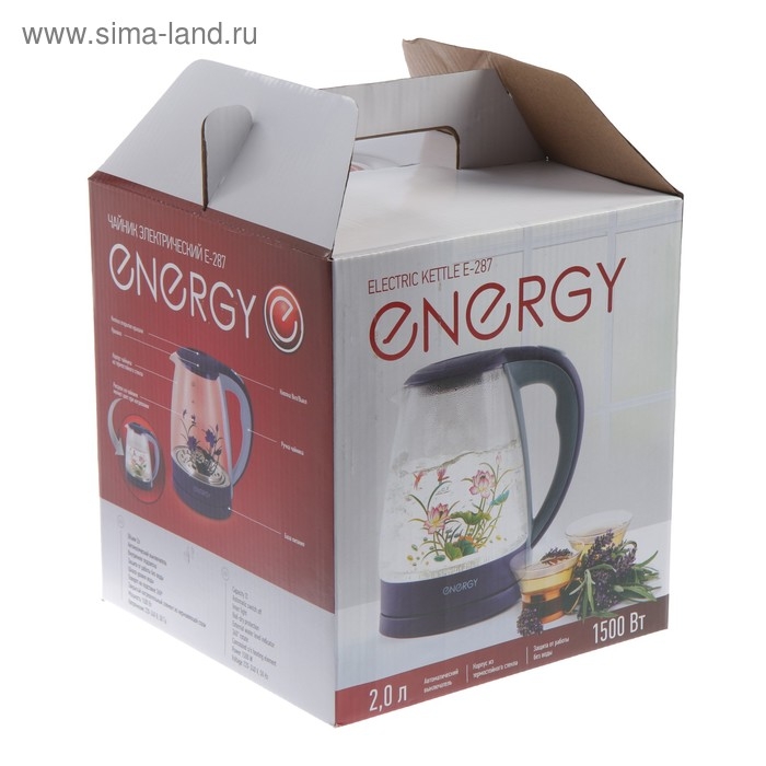 Чайник электрический ENERGY E-287, стекло, 2 л, 1500 Вт, подсветка, синий