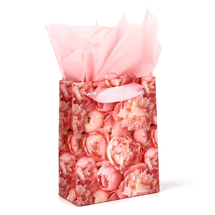 Пакет ламинированный двухсторонний &laquo;Пионы&raquo;, с тишью и открыткой, S, 12 х 15 х 5.5