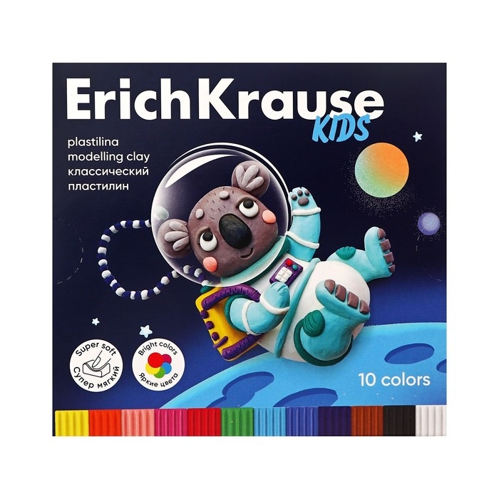 Пластилин 10 цветов, 180 г, ErichKrause Пластилин 10 цветов, 180 г, ErichKrause "Kids Space Animals", со стеком, в картонной упаковке