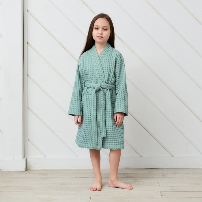 Халат вафельный детский Крошка Я Халат вафельный детский Крошка Я "Boho" размер 34 (122-128 см) цвет мятный, 100% хлопок 290 г/м2