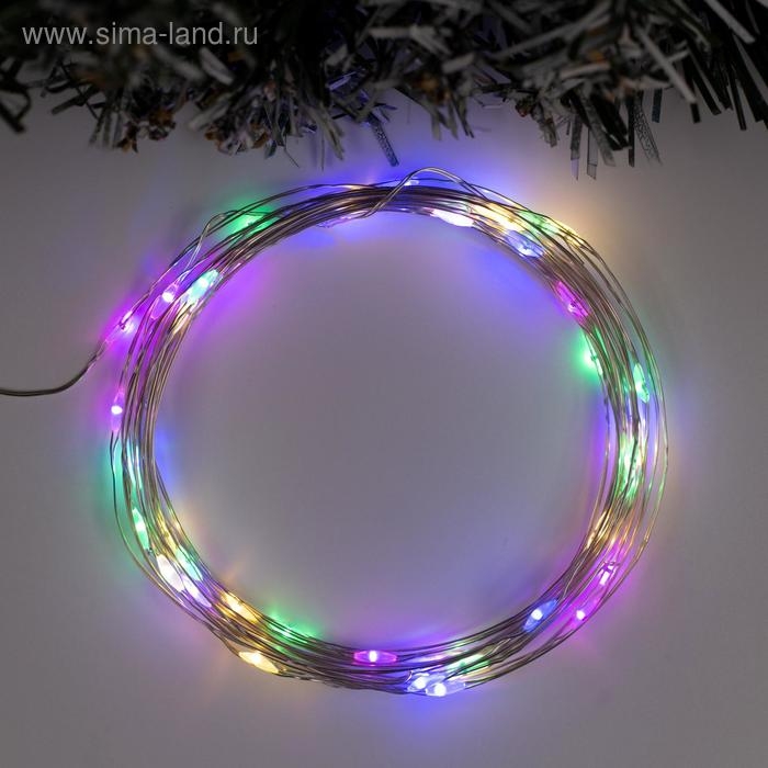 Гирлянда &laquo;Нить&raquo; 5 м роса, IP65, серебристая нить, 50 LED, 8 режимов, батарейки AAх3 (нет в комплекте), свечение мульти